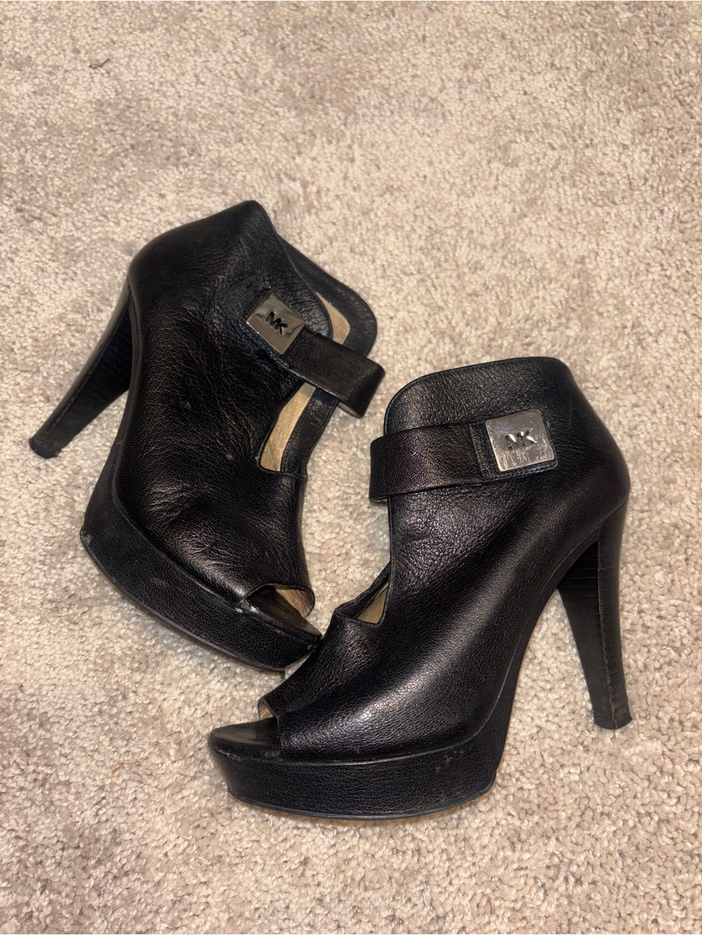 Michael Kors Black Leather Peep-Toe Ankle Strap Platform Heels